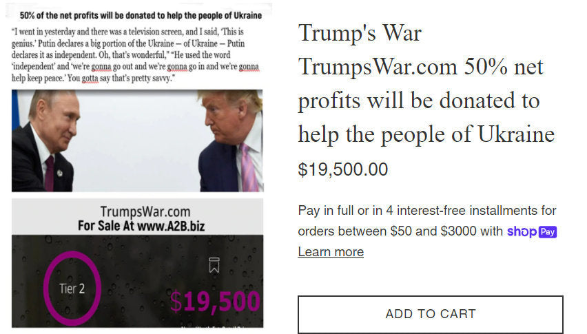 TrumpsWar.com    $19,500 OBO 50% to Ukraine charity.  OBO/Offering Seller Financing - The Cat and Cock Shop